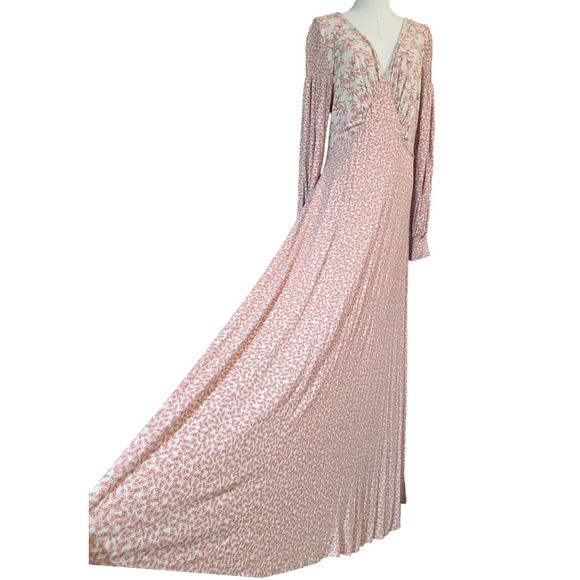 Free People Pink Floral Print Maxi Dress Back Cutout Long Sleeve Boho XL - Picture 9 of 12